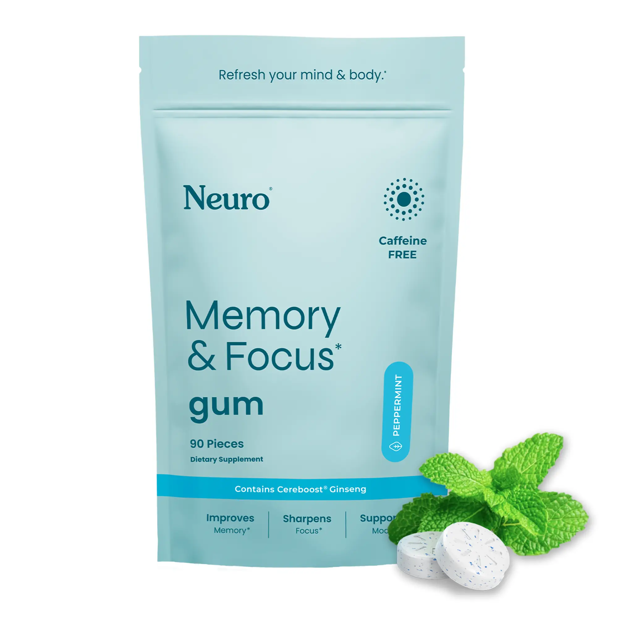 Neuro Memory & Focus Decaf Gum with American Ginseng (90 Pieces) - Sugar Free Nootropic Brain Supplements with L theanine, Ginseng, Vitamin B12 & Vita