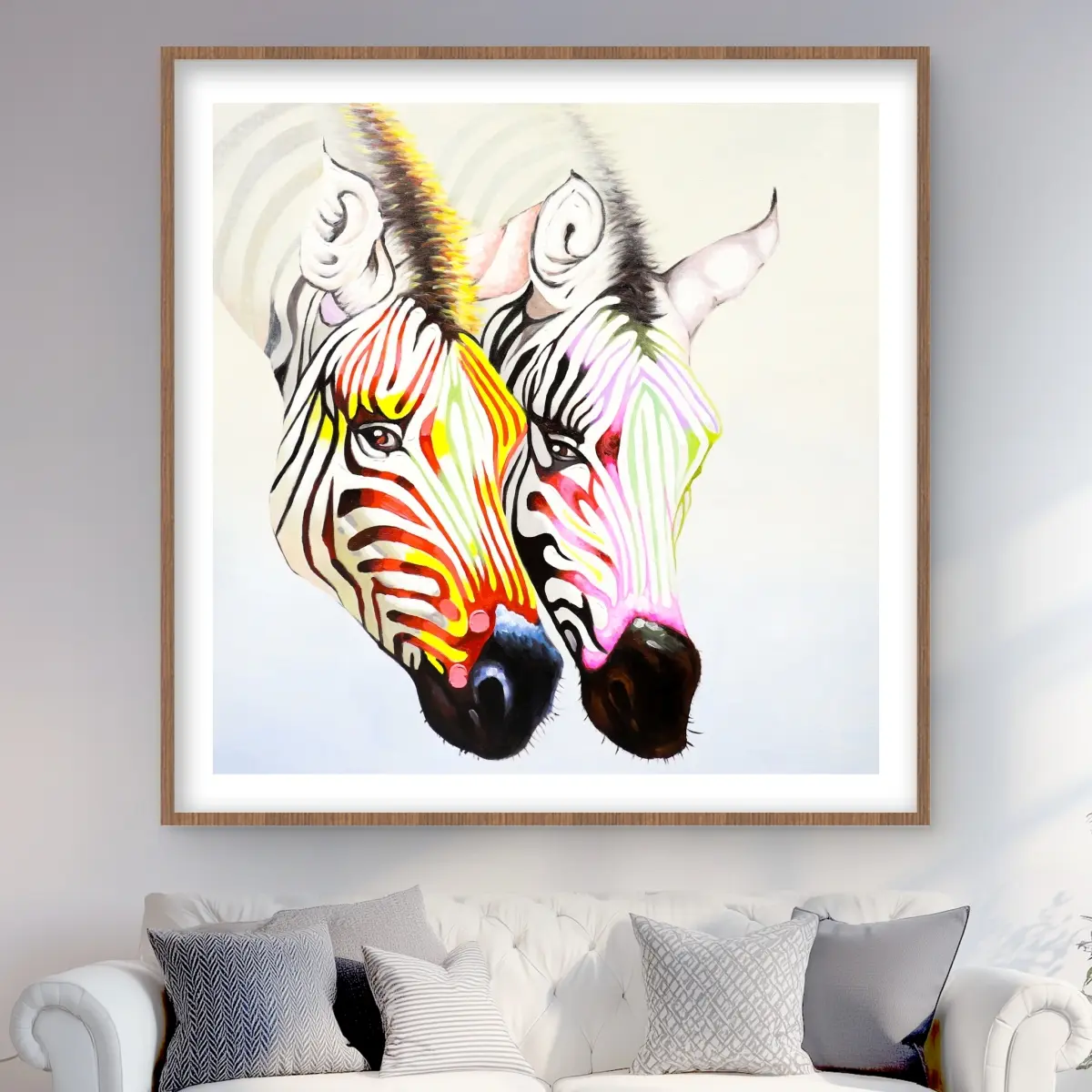 Begin Home Decor C1FM48484LMD54 48 x 48 in. Couple of Colorful Zebras - Framed Matted Print Wall Art - Home Decor
