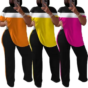 Women's 2 Piece Color Block Outfits Lounge Casual Short Sleeve Top & Wide Leg Pants for Loungewear & Daily Sets Sporty Tracksuit