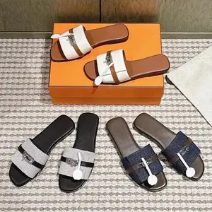 025 Women's Leather Slide Sandals - Designer Buckle Detail Mules |   Two-Tone Square Toe Flat Slides |   Versatile Dressy Summer Slippers (Genuine Leather) Shoe Footwear boho style sandals Girl Tsinelas