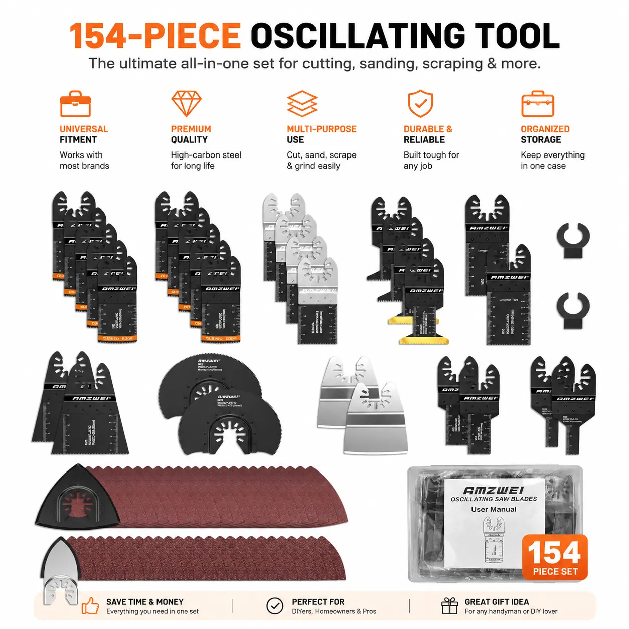 152Metal Wood Oscillating Tool Blade, Titanium Oscillating Saw Blades with Sandpaper, Quick Release Multi Tool Blades Kits for Dewalt Ryobi Milwaukee Rockwell Fein Makita Power Tools Tool Accessories Hardware backtoschool
