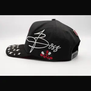 Boss Brand Black Snapback Hat with White Script Logo and Red Flower Detail