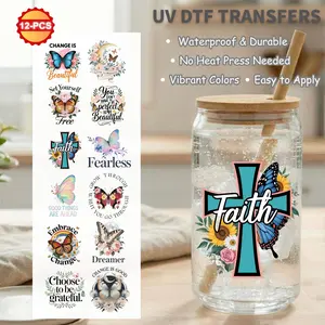 12pcs Butterfly Faith UV DTF Cup Wraps for 16oz Libbey Glass Can, Waterproof Rub-On Transfers, Christian Cross & Inspirational Quotes, Decal Sticker