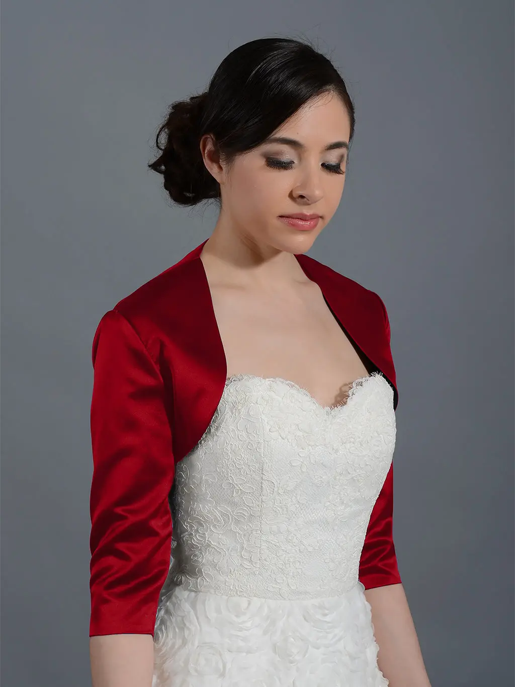 Wine Red 3/4 sleeve wedding satin bolero jacket