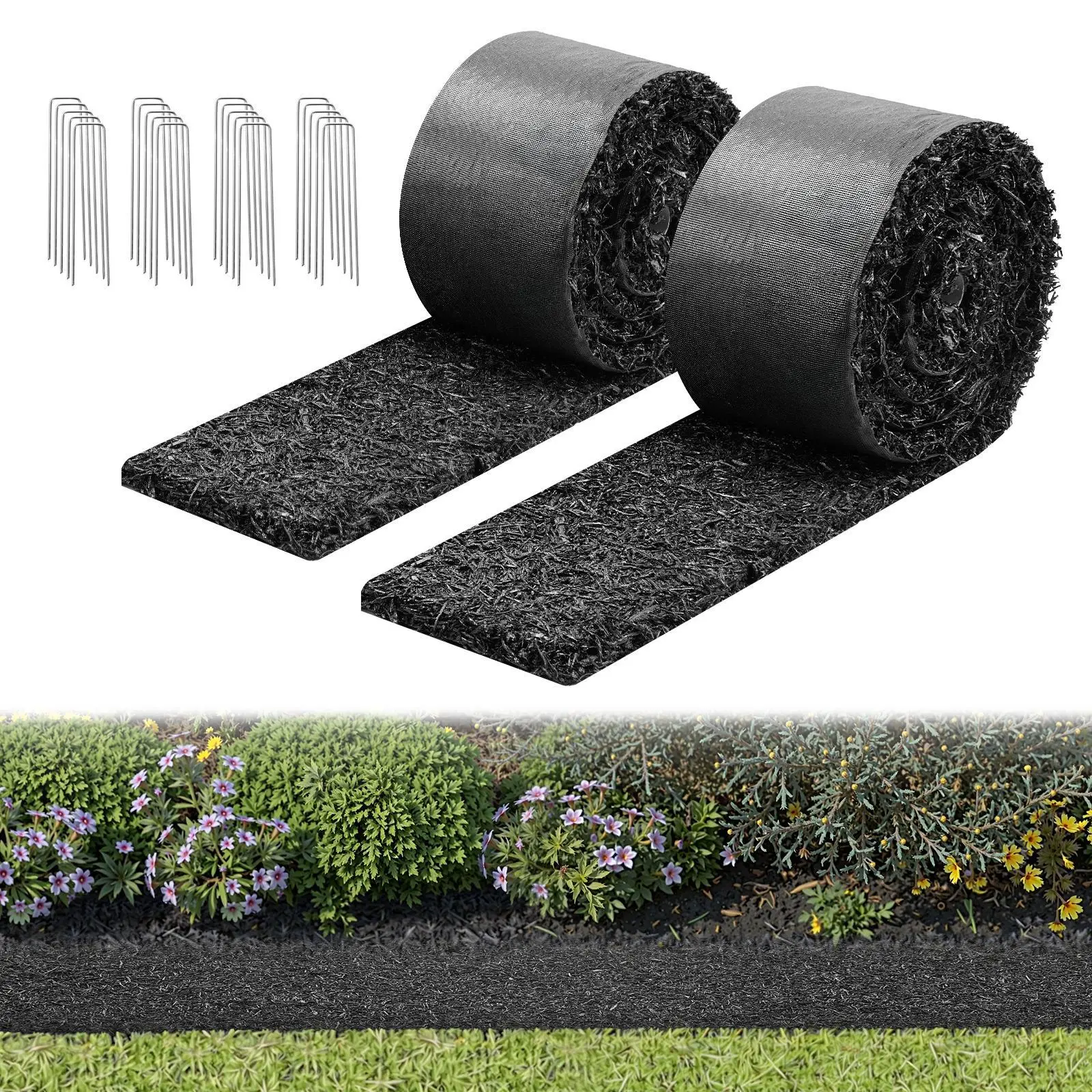 【SummerFinds】VEVOR 2-Pack Recycled Rubber Mulch Mat Roll, 120x4.5in 0.5in Thick Cuttable Roll, Weed-Blocking Double Barrier Flower Border with Stakes, Breathable Permanent Landscaping Edging