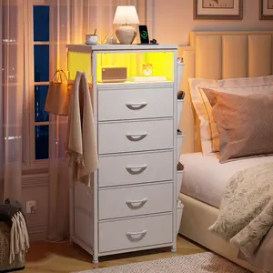[with Free Gifts] Raybee LED Nightstand with Charging Station, Set of 1-2 Side Table with 5 Dresser Drawers, Tall LED Nightstands with USB Ports & Outlets, White End Table with Side Bag & Storage Shelf, Bedroom Furniture, Cabinet