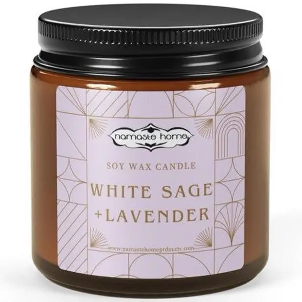 Namaste Home White Sage + Lavender Soy Candle in Amber Glass Jar 100% Natural Wax 100% Cotton Wick 4 oz & 9 oz Options Relaxing Decor - Smooth