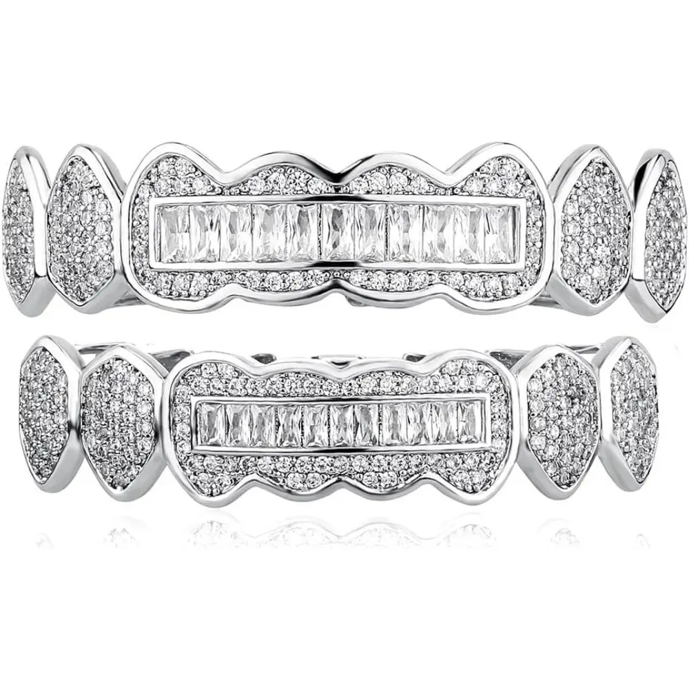 8 Tooth Grillz 14K Gold Plated Iced Out Baguette Round Simulated Diamond Grills for Your Teeth for Men Women