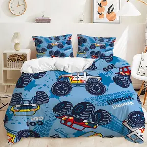 2/3Pcs Vibrant Blue Monster Truck Duvet Cover Set, Fun and Playful Bedding Set with Cool Truck Designs, Perfect for Kids' Bedroom Decor, Fun Space, Soft and Cozy Fabric for a Dreamy Sleep!Includes 1 or 2 Pillowcase - No filling/Zipper Closure