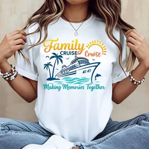 Family Cruise Making Memories Together Ship And Palm Tree Print T Shirt Women Casual Short Sleeve Round Neck Top Summer Vacation Wear