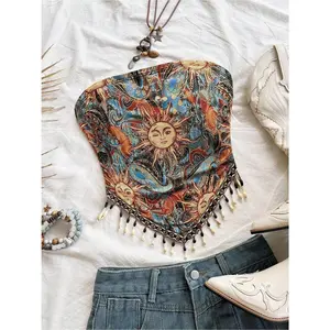 Ladies' Halter Top with Print And Beads, Perfect for Parties, Christmas, Dates, Nightclubs, Beaches, Cruises, Afternoon Teas, Bohemian Style, Boho Vibes, Holidays, And Fall-Summer Seasons
