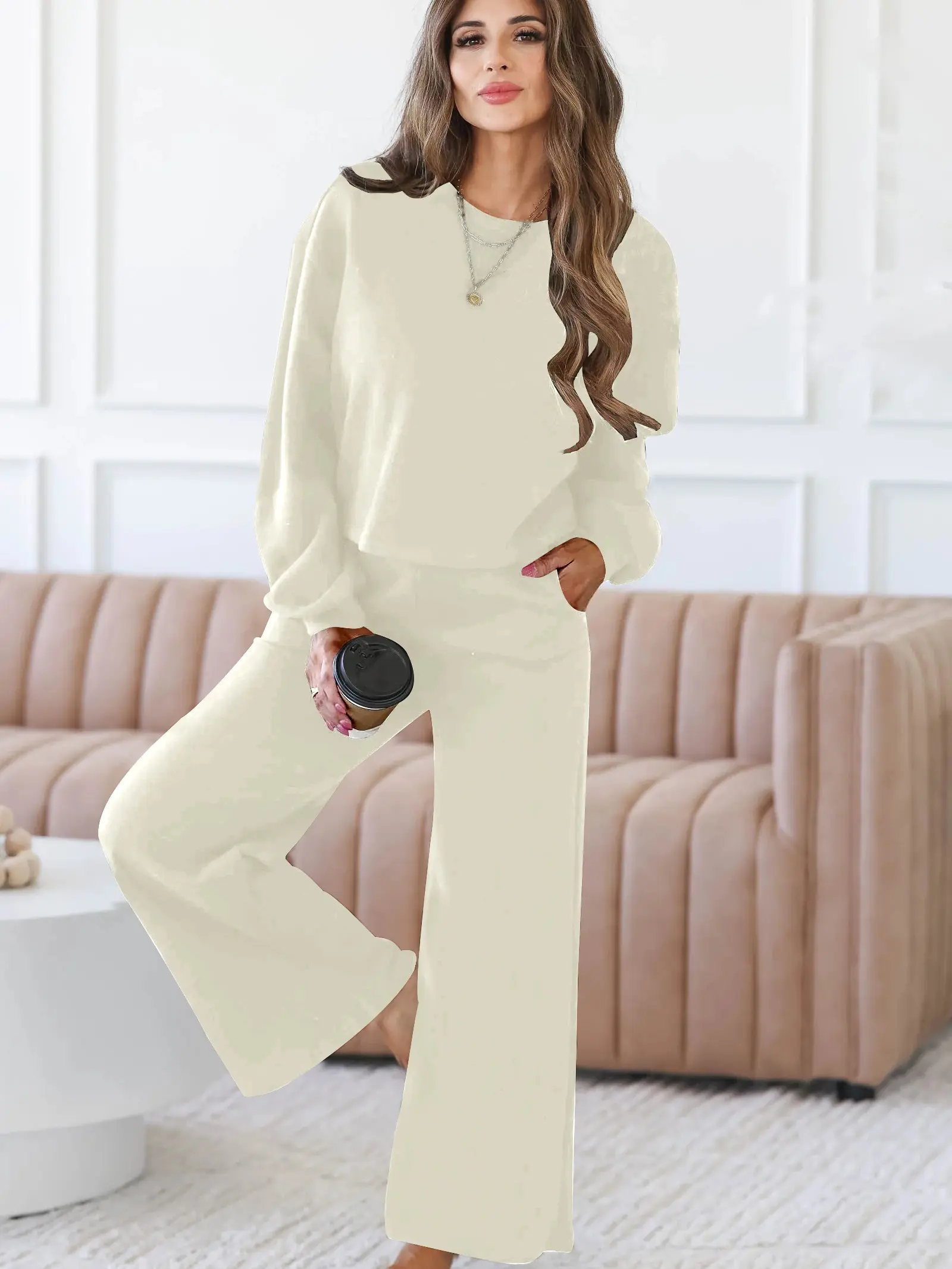 Women's 2026 Fall Long Sleeve 2-Piece Pants & Top Set - Fitted Breathable Top, High Waist Stretchy Casual Lounge Outfit