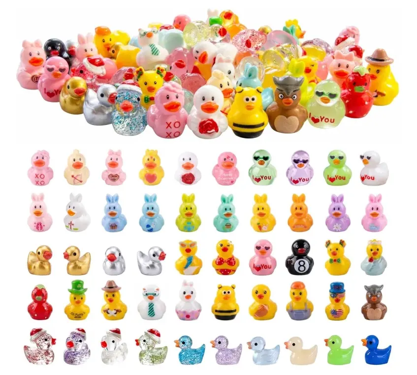 Assorted Mini Resin Duck Figurines 100 Pack, Mixed Styles & Colors Tiny Ducks to Hide, Little Ornaments, Miniature Animals for Fairy Garden, DIY Crafts, Micro Landscape & Desk Décor