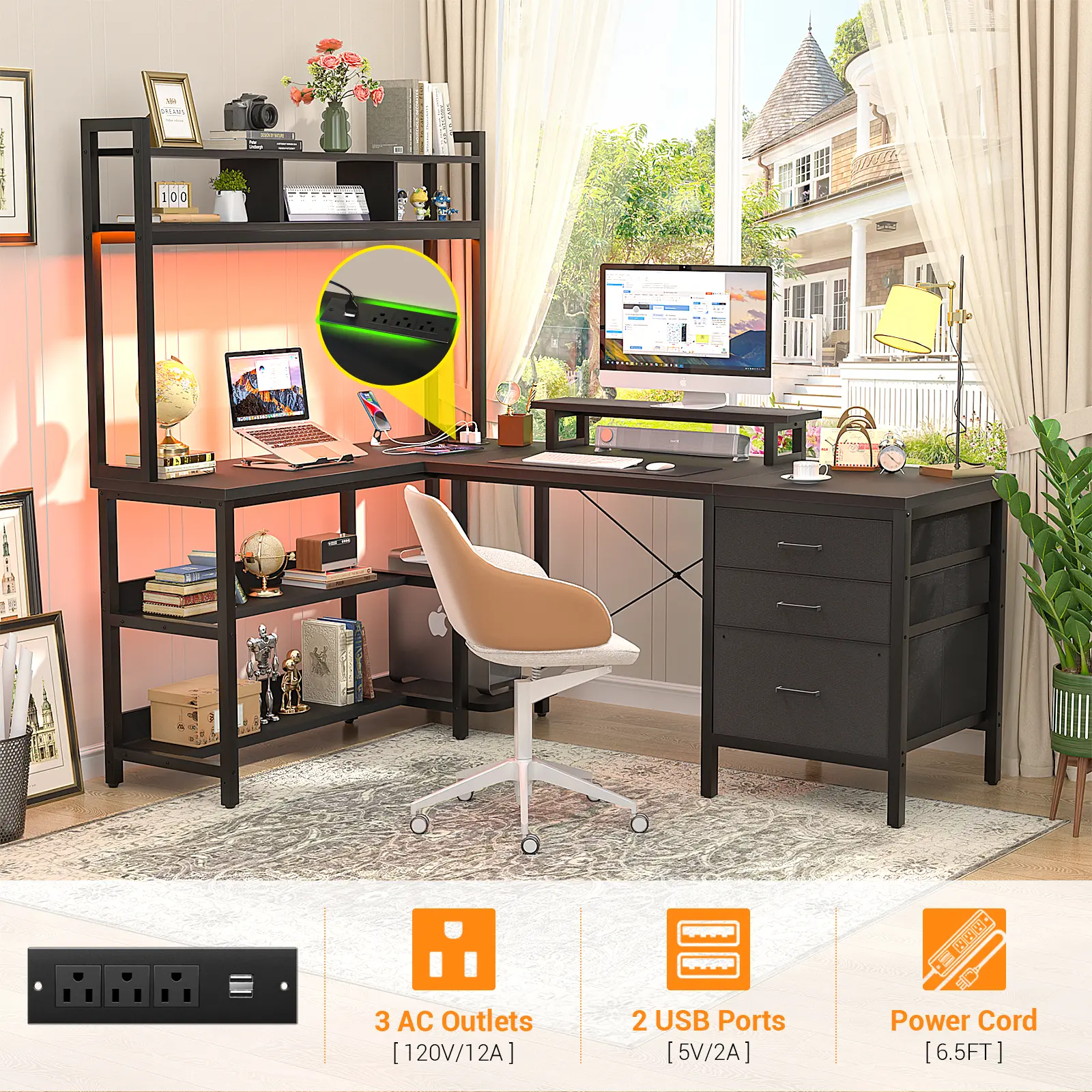 59'' W L-Shaped Computer Desk with Hutch ＆ Power Outlets, Reversible Gaming Desk with LED Lights, Home Office Desk with File Drawer & Monitor Stand Study Desk