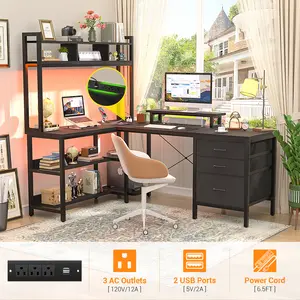 59'' W L-Shaped Computer Desk with Hutch ＆ Power Outlets, Reversible Gaming Desk with LED Lights, Home Office Desk with File Drawer & Monitor Stand Study Desk