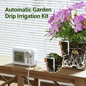 Automatic Garden Drip Irrigation Kit, Indoor Plant Watering Kit with LCD Display, Timed Watering Controller for Potted Plants, Balcony, Office, Garden