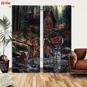 2D Flat Rustic Forest Cabin Deer Stream Scene Blackout Curtain 2-Piece Set, Soft Natural Light Effect with Autumn Foliage & Evergreen Trees, Living Room Bedroom Decorative Window Drapes, Light Filtering & Thermal Insulated
