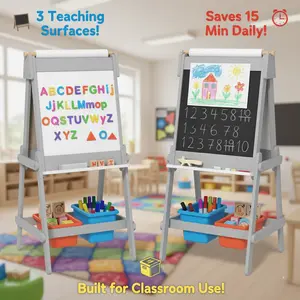 3-in-1 Classroom Art Center with Storage| Double-Sided Teaching Easel with Whiteboard, Chalkboard & Paper Roll| Mobile Learning Station for Preschools & Daycares (Gray)