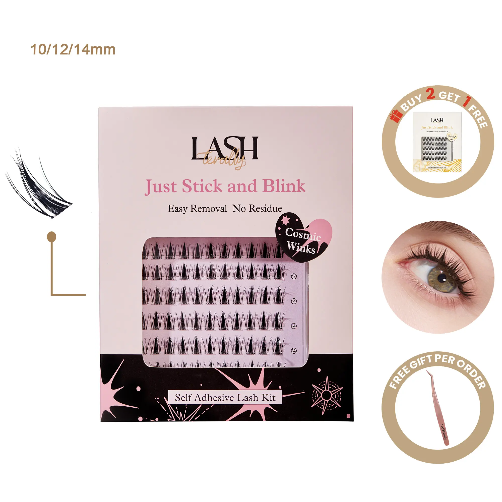 Lashterally Cosmic Winks Self-Adhesive Lash Clusters - Lightweight Anime D Curl Glueless Eyelash Kit for Adults, with Tweezer, 110 Fluffy Manga Style Pcs, 10-14mm Mix, Beginner-Friendly Makeup Cosmetic