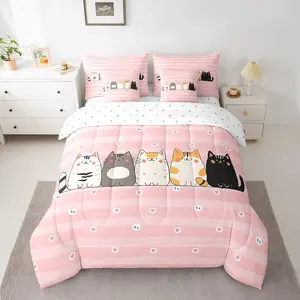 Cat Comforter Set with Sheets,7 Pieces Pink White Cats Print Bedding Set for Boys Girls Teens, Decor Cute Kitten Bed in a Bag, Animal Bed Set