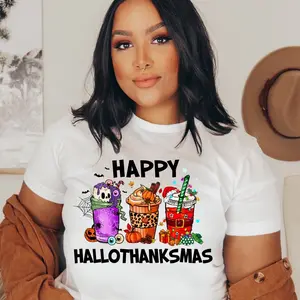 Trendy Hallothanksmas T shirt Cotton White Casual