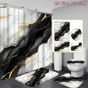 4PCS Marble Shower Curtain set, Black White and Gold Marble Bathroom Decor, Accessories with Bath Mat, U-shaped Mat, Toilet Lid Cover, 12 Hooks 180x180cm Curtain, Luxury Stone Aesthetic, Home Decor, bathroom accessories