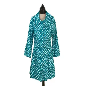 Teal & White Geometric Button-Up Jacket with Bell Sleeves