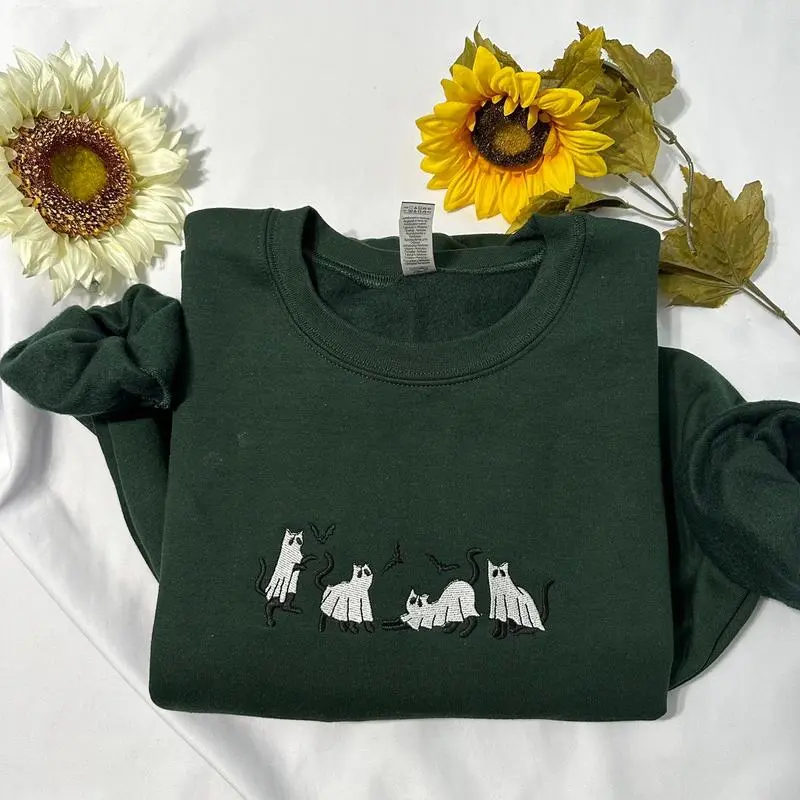 Ghost cat embroidered sweatshirt; Halloween embroidered crewneck; Spooky season casual sweaters Casual Long Sleeve Tops