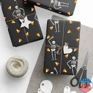 Slightly Subtle Halloween Wrapping Paper, Spooky Trump Gift Wrap for Fall, Skeleton and Candy Corn Design, Cute Holiday Party Supplies