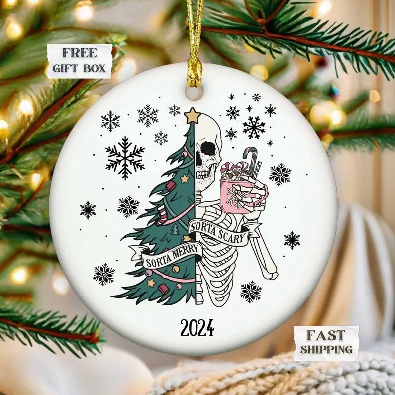 Funny Skeleton Christmas 2024 Ornament, Sorta Merry Sorta Scary Ornament, Christmas Ornament, Funny Christmas Gift, Bizarre Christmas gift