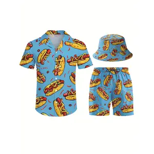 Men'S Three-Piece Vintage Beach, Featuring Hot Dogs And Ketchup Themed Activewear, Hawaiian Style Sports Outfit, Including a Shirt, Beach Shorts, And a Bucket Hat