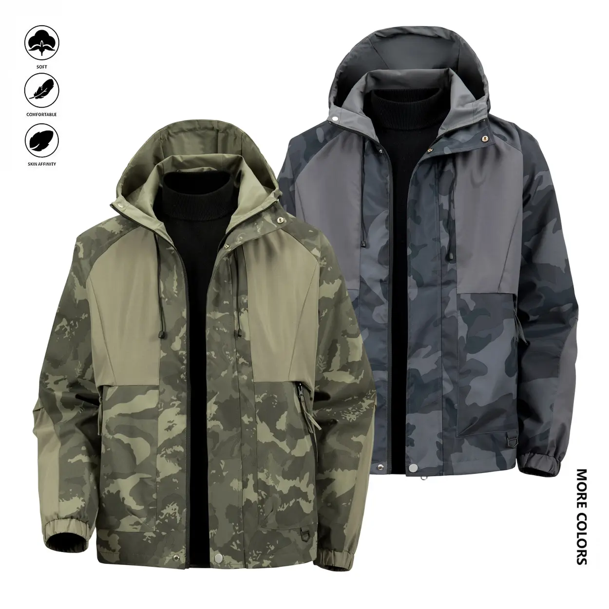 Men's Stylish Woven Military Camouflage Long Sleeve Jacket - Waterproof Windbreaker, Breathable Hooded Top, Lightweight Camping&Hiking Coat with Chain & Contrast Binding, Pull On, Polyester, S, H Type, Machine Washable