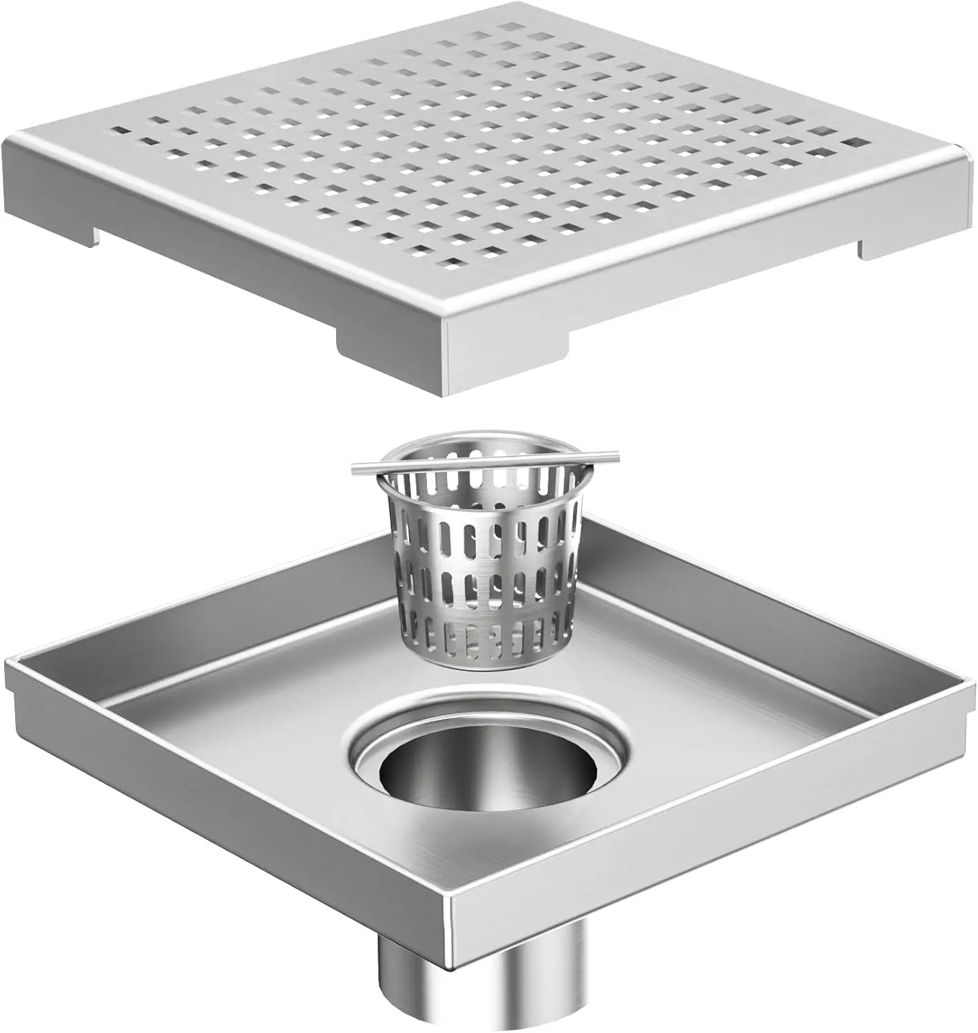 6-Inch Square Shower Drain with Removable Quadrato  Grate, Brushed 304 Stainless Steel, with Watermark&CUPC Certified,Black