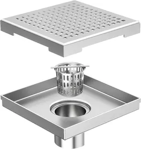6-Inch Square Shower Drain with Removable Quadrato  Grate, Brushed 304 Stainless Steel, with Watermark&CUPC Certified,Black