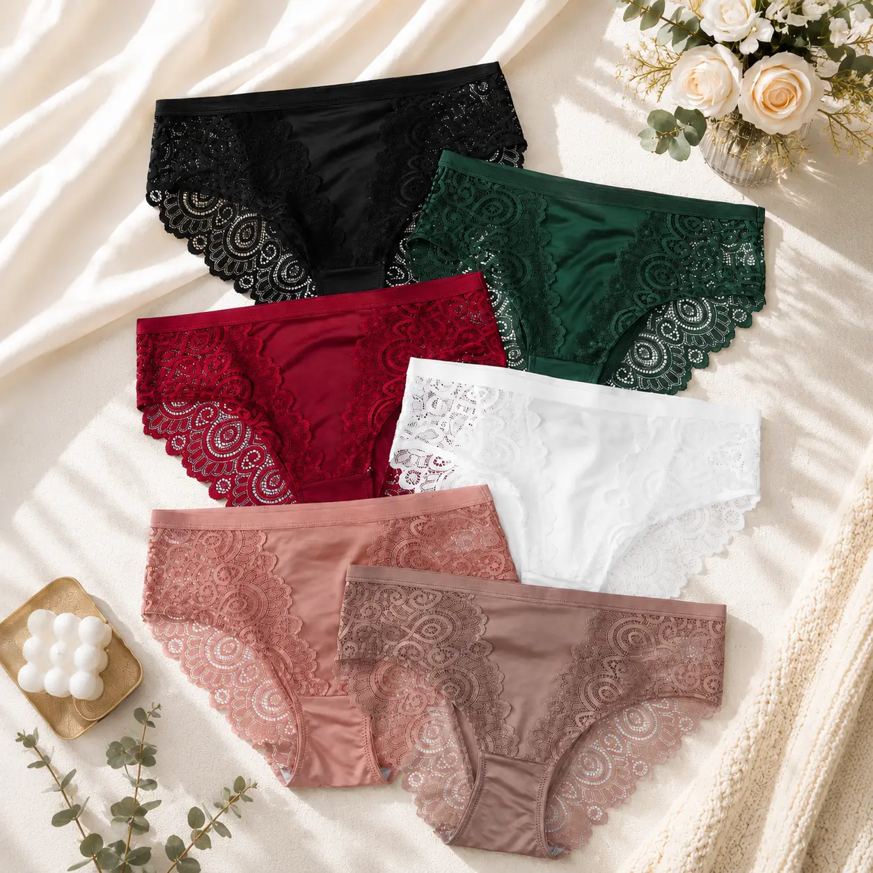 6 Pack Women's Lace Panties:High Waist, Contrast Floral Design,Ultra Soft Breathable Briefs, Stretchy & Durable Daily Lingerie, Sizes S-XL