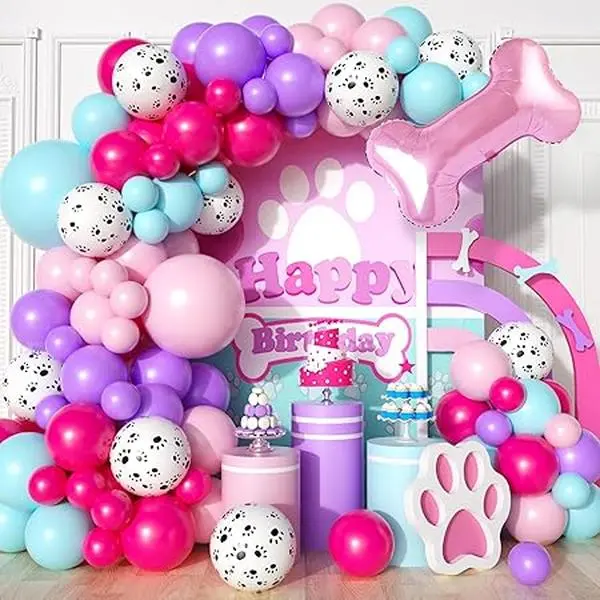 Paw Balloons Garland Arch Kit, 103pcs Dog Birthday Decorations for Girls, Pink Purple Teal Blue Latex Balloon White Paw Print, Pink Bone Shaped Foil Balloon for Patrol Theme Birthday Baby Shower Party