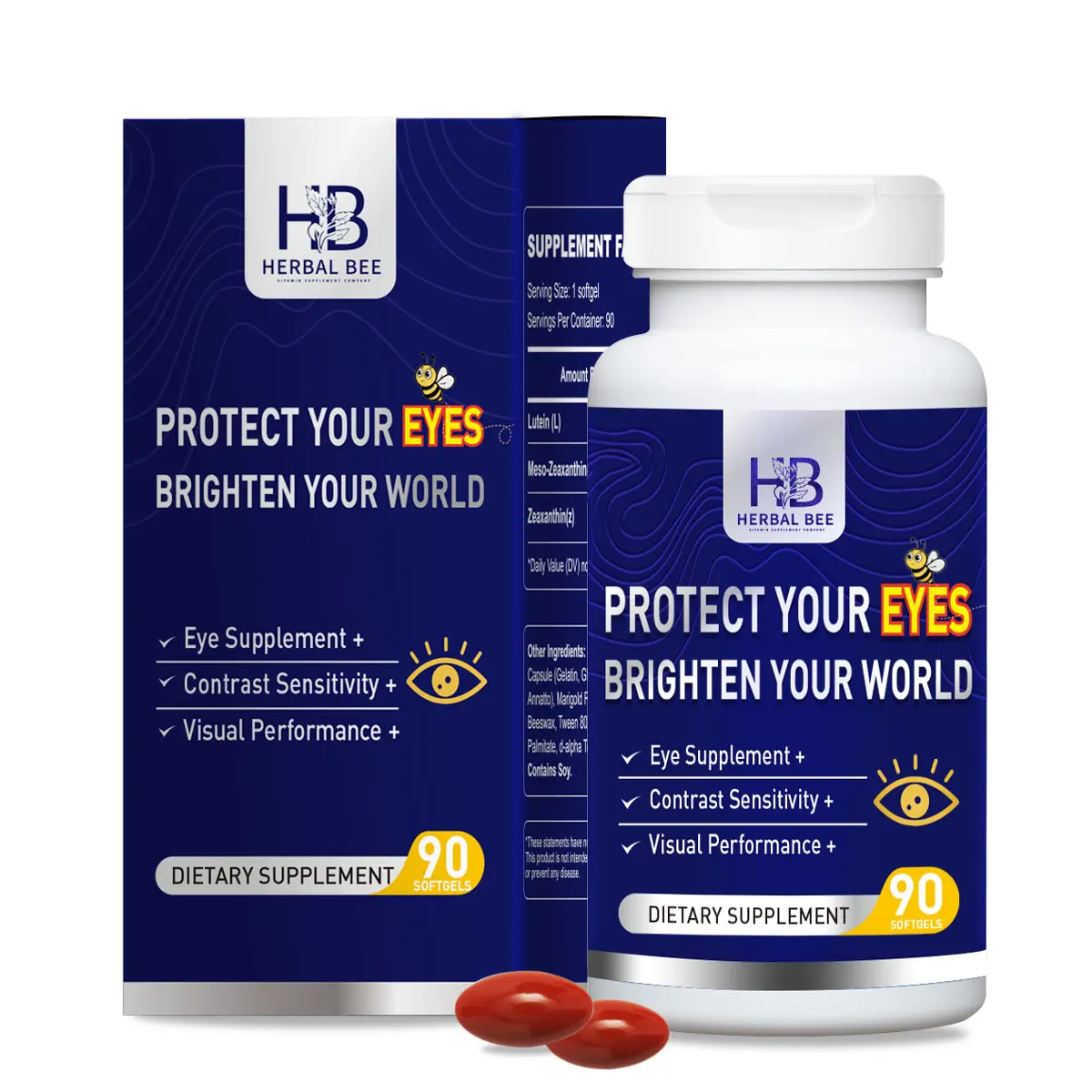 Herbal Bee Eye Supplement - Lutein 10mg, Meso-Zeaxanthin 10mg, Zeaxanthin 2mg - Eye Vitamins Supports Vision, Blue Light Protection & Macular Health - Natural Antioxidant Formula | 90 Softgels