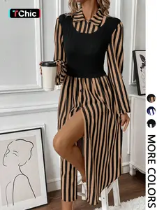Women's Long Sleeve Striped Button Front Shirt Dress with Layered Design, Fitted, Casual Spring & Fall Fashion, Elegant Chic Outfit, Casual Classy Dress