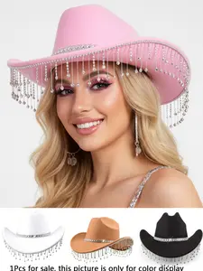 Shiny Fringe Rhinestone Cap, Western Style Cowboy Hat, Elegant Plain Wide Brim, Fashionable Party Accessory, Suitable for Music Parties