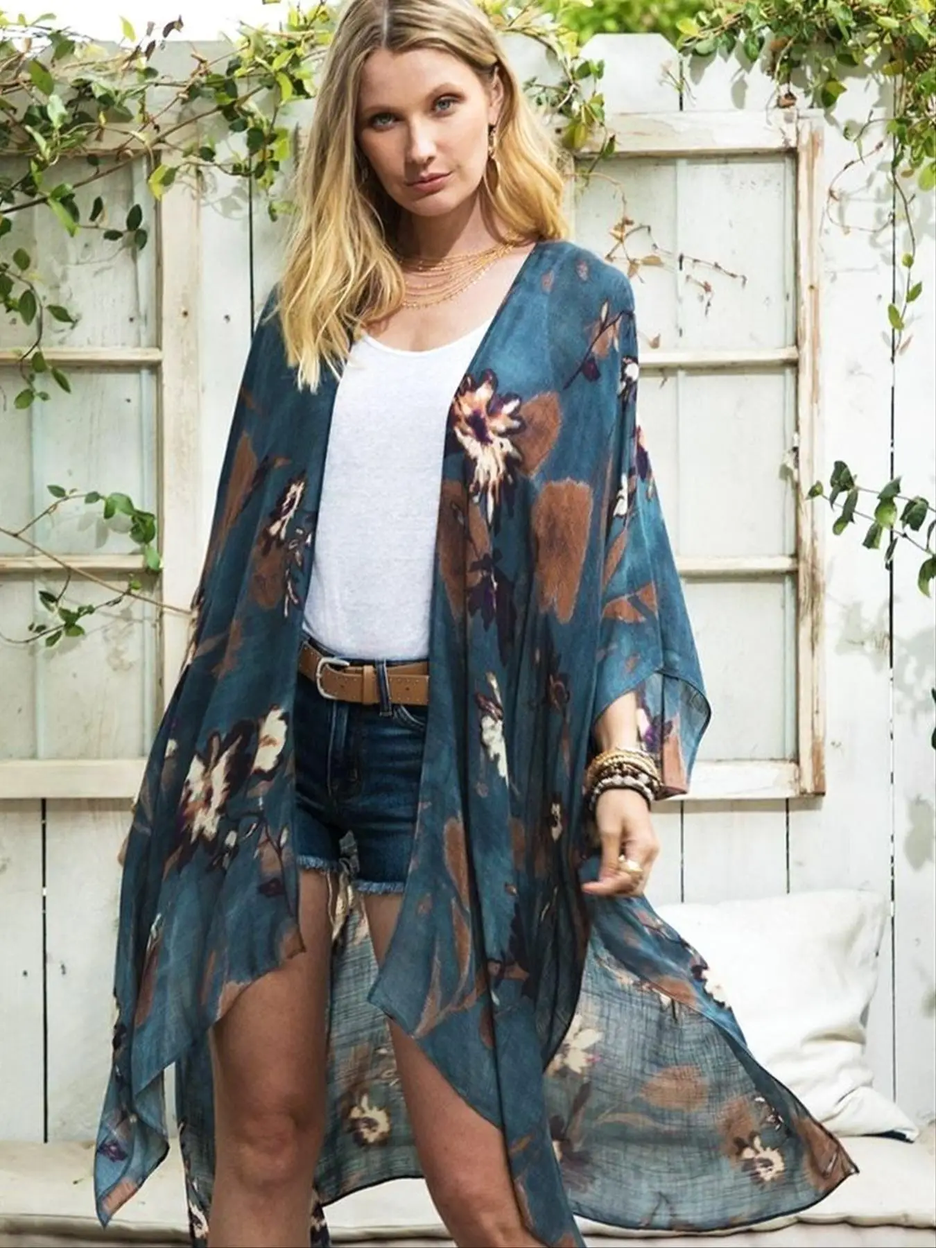 Women's Floral Print Batwing Sleeve Cover Up Top, Boho Casual Sheer Split Hem Cover Up for Beach Holiday Vacation, Ladies Summer Clothes