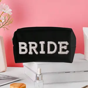 Bride To Be Patch Pearl Letter Bag Cosmetics Travel Wash Bag Letter Large White Makeup Bag Portable Wallet Women's Makeup Bridal Gift Party Gift Engagement Bridesmaids Single Party Gift, White, Makeup Bag