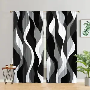 2Pcs Modern Wave Striped Curtains, Black White Grey Gradient Pattern, Rod Pocket Design, Semi Sunshade Polyester Fabric, Suitable for Living Room Bedroom Balcony Kitchen Study Window Decoration, Privacy Protection, Easy Care, Home Decoration Curtain