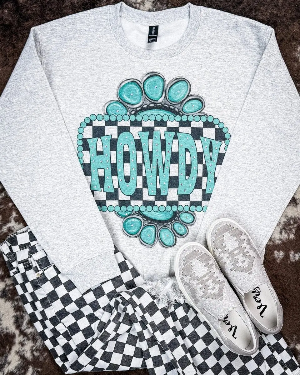 Women's Gray Turquoise Check, Rhinestone Embellished Howdy Sweatshirt