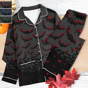 Men & Women Long-Sleeve Satin halloween pajamas Set, Cute Vampire Bat PJs, Spooky Couple Sleepwear, Matching Fall Nightwear Breathable Classic
