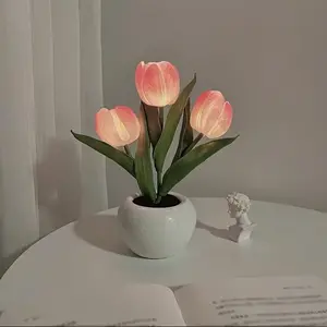 Flower Table Lamp Tulip Desk LED Night Light for Home Living Room Decor Artificial Flower with Vase Table Centerpieces for Birthday Holiday Party Wedding Room Decoration Mom Love You Gift favor