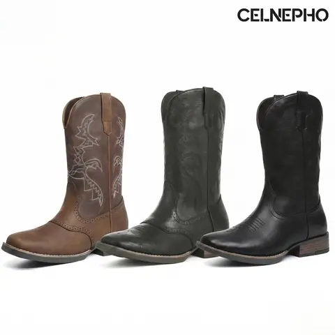 CELNEPHO Cowboy Boots for Men Square Toe Western Embroidered Design Chunky Block Heel Durable Comfy Fashion Boot Classic Wide Calf  Easy Pull on Mid Calf BootiesTraditional Work Party Festival Country Gift Wedding Trendy Dress Shoes