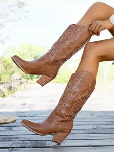 Women's Western Cowboy Boots, European Style New Design, Traditional Embroidered Pointed Toe, Chunky High Heel Mid-Calf Boots, Western Cowgirl Boots
