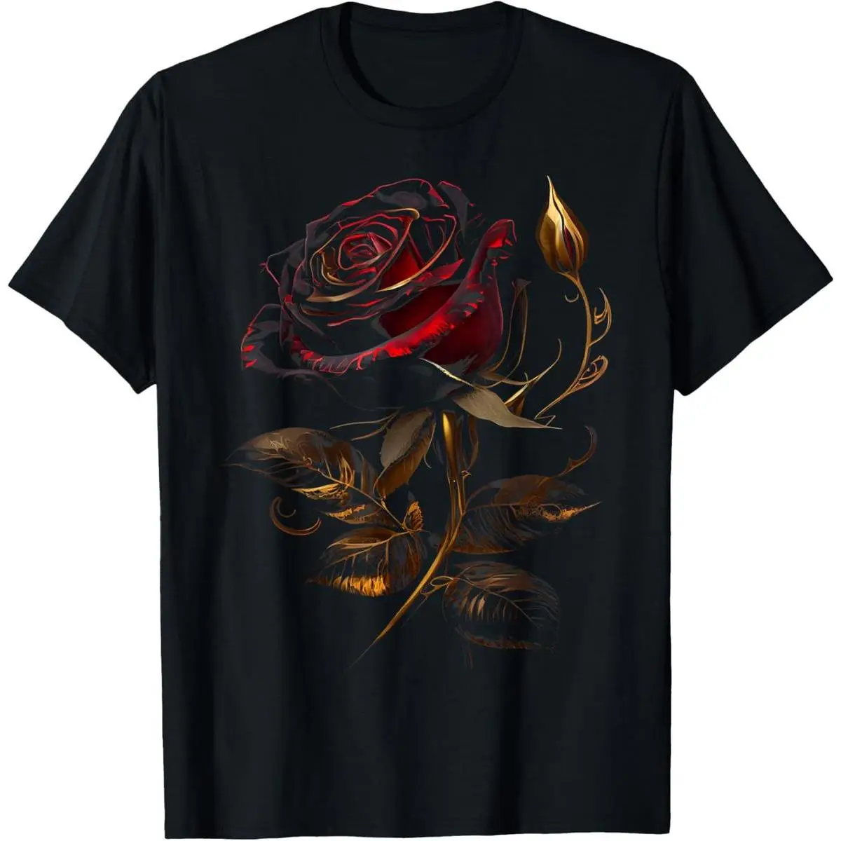 Distressed Graphic T-Shirt with Red Rose & Gold Design for Men and Women, Casual Streetwear Short Sleeve Round Neck Tee