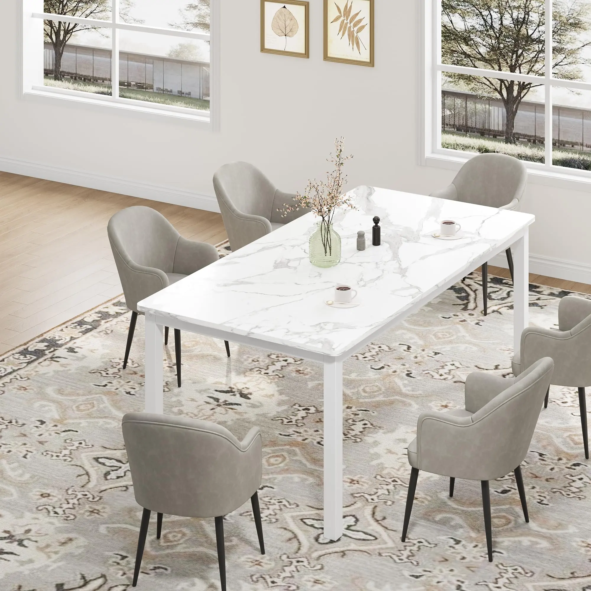 White Faux Marble 79 Inch Industrial Dining Table for 4-6 Person Rectangle Kitchen Table with Metal Legs,Round Corners, Writing Desk, for Modern Farmhouse, for Kitchen, Dining Room,Quick Assembly