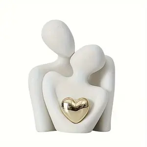 Modern Ceramic Love Embrace Figurine with Golden Heart Accent, Elegant Couple Design, Perfect for Home, Office, Party Decor, Ideal Gift
